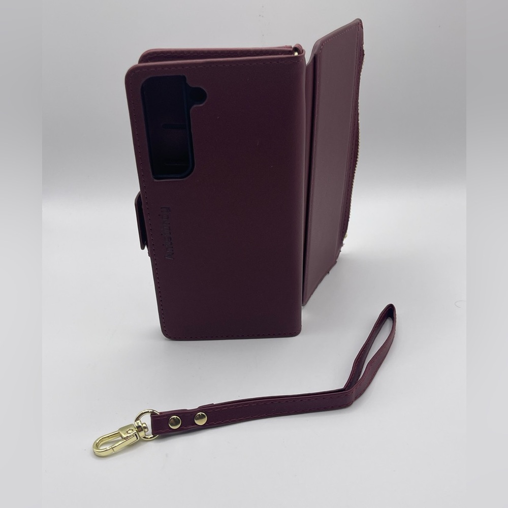 NIB Phone Case Samsung Galaxy S22+ Zipper Wallet Cover Leather Wine Red Color
